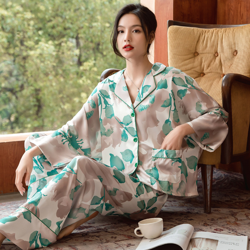 Spring and Autumn Korean Style TikTok Internet Celebrity Ice Silk Thin Pajamas Long Sleeve Silk Suit Women's Silk Home Clothes