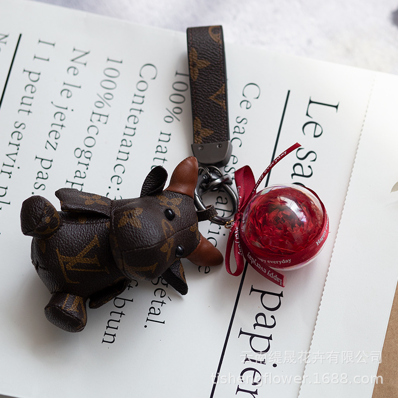 Cruz-frontera Amazon eterna flor llavero terminado Austin Rosa caja de regalo bolsa colgante de cuero marcador colgante