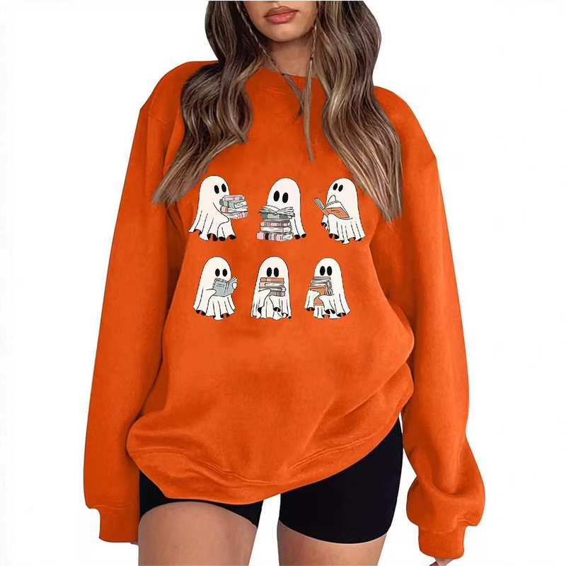 European Size Cross-Border Jit Halloween Three-Six-Nine Ghost Reading Theme Pattern Fleece-Lined Sweatshirt Round Neck Bottoming Shirt