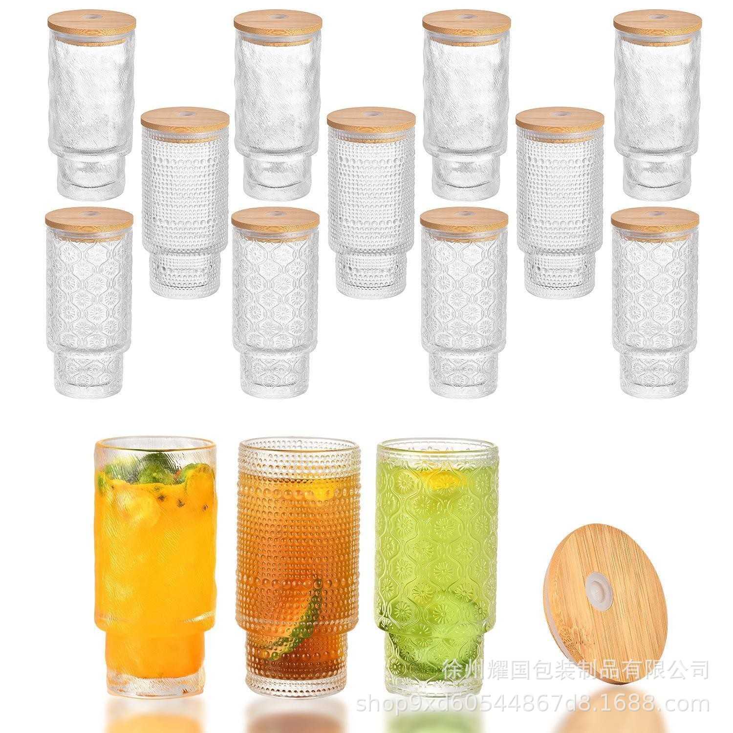 Exportación Amazon 11oz taza apilada de vidrio taza de bambú de patrón vertical transparente taza de sorbete de bebida de gran diámetro taza de jugo
