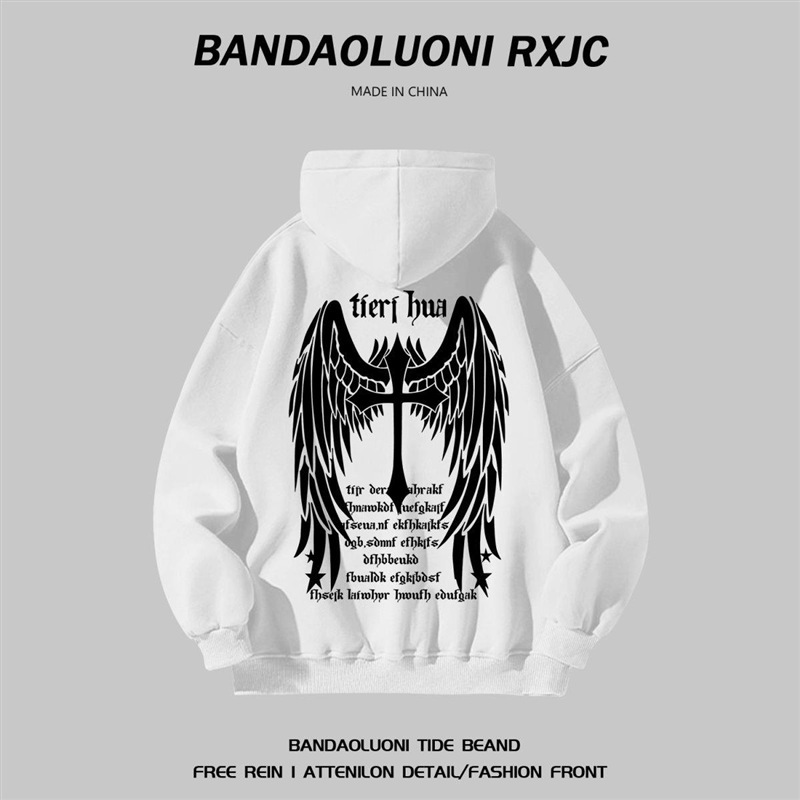 Silver Fox Velvet European and American Retro Hip-hop Cross Printed Hooded Sweatshirt Couple Style Autumn and Winter Loose Street Top