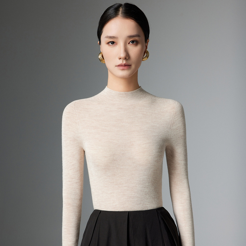 Yangzi Yarn 120 Count Ultra-Fine Worsted Wool Sweater for Women Half Turtleneck Long Sleeves with Slim Fit Machine Washable Base Sweater