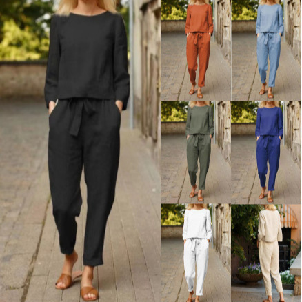 Linen Suit Women's Fashion Solid Color Outing Casual Two-Piece Set Foreign Trade Spring and Summer Simple Retro Elastic Waist Tie Linen Suit Women's Fashion Solid Color Outing Casual Two-Piece Set Foreign Trade Spring and Summer Simple Retro Elastic Waist Tie