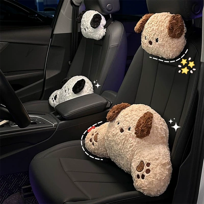 Blue Rain Stuffed Car Headrest Neck Pillow Cute Puppy Car Seat Lumbar Pillow Plaid Car Interior Supplies