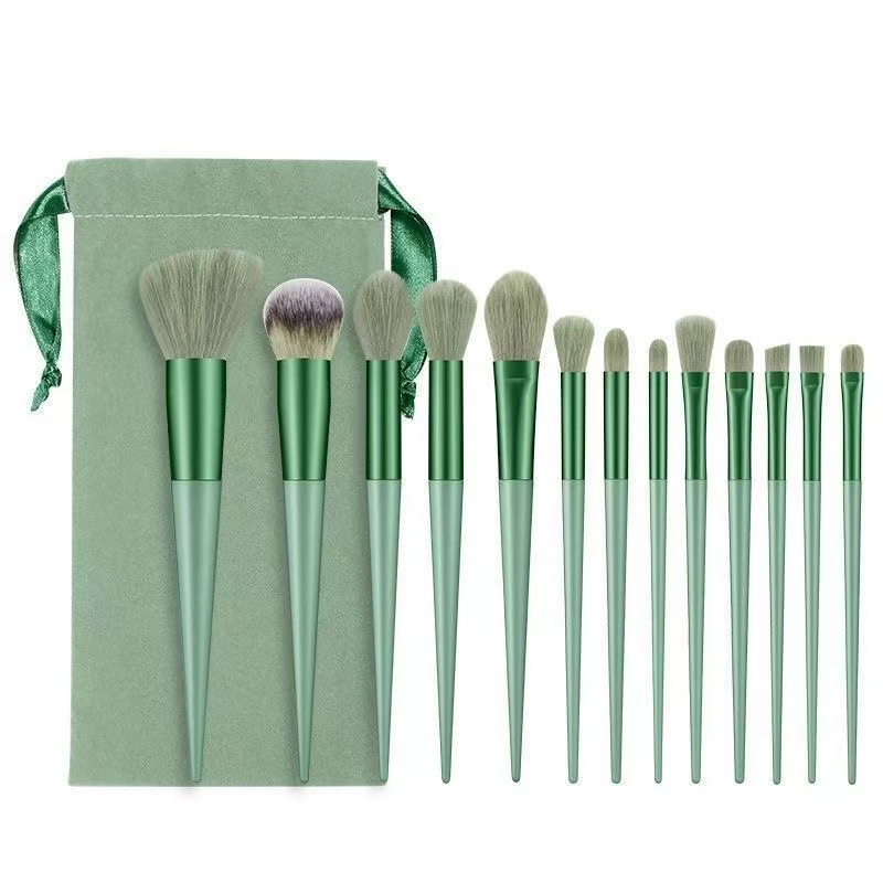 13 juegos de pinceles de maquillaje, polvo suelto para principiantes, sombra de ojos, corrector de labios, base de rubor, cabello suave, cepillo verde de cuatro estaciones