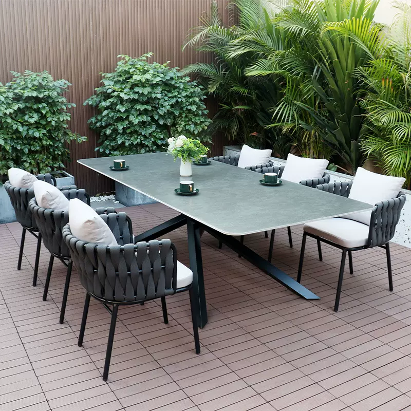 户外北欧岩板餐桌椅组合休闲拉绳椅酒店庭院室外露台花园外摆桌椅