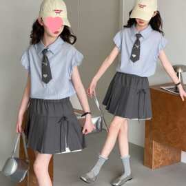 学院风女童条纹衬衫套装儿童夏装JK制服2026新款女孩短裙韩版时髦