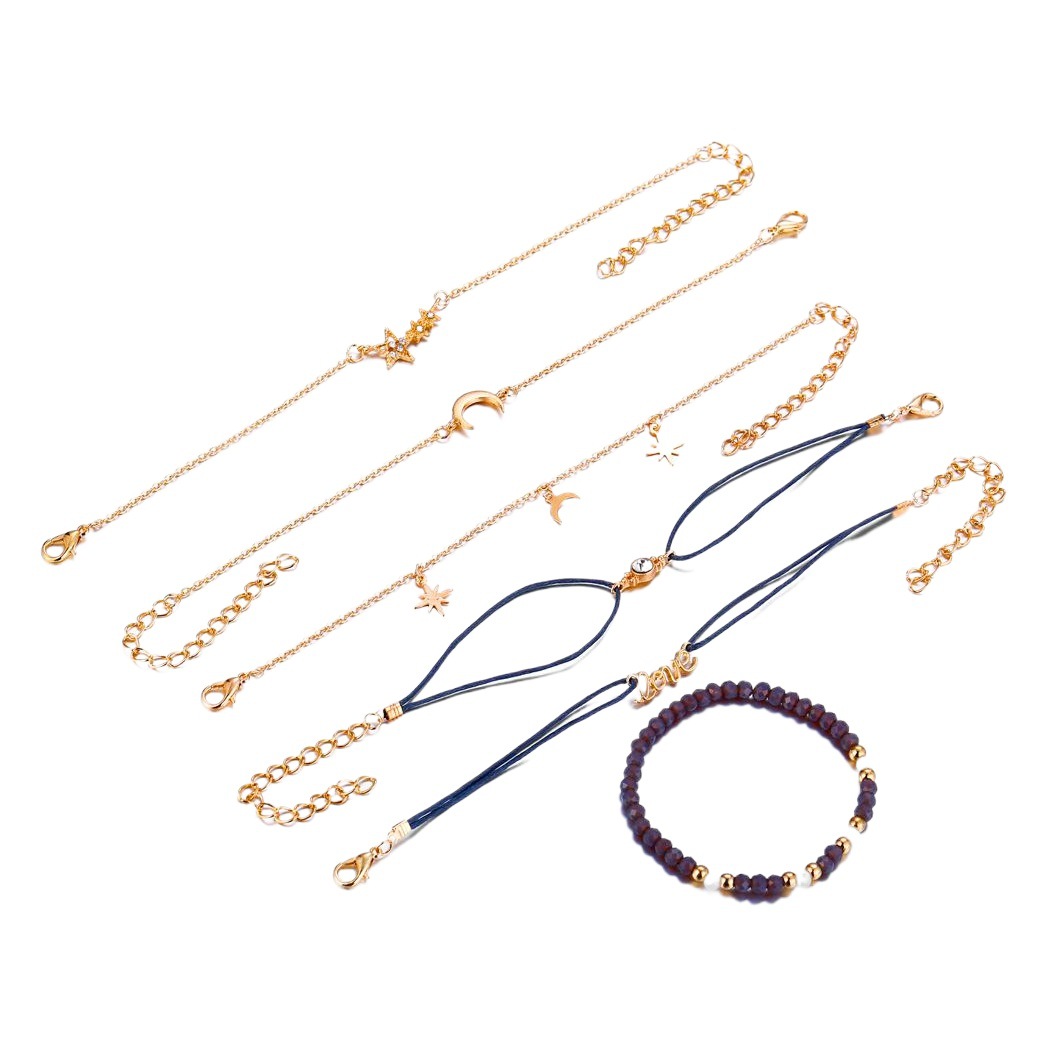Joyería transfronteriza europea y americana, nuevo estilo, letras inglesas, amor, estrella de cinco puntas, luna, pulsera, juego de seis piezas, artículo de moda.