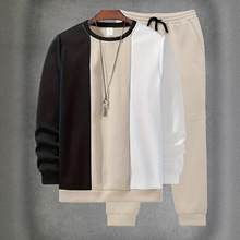 跨境男士冬套装加绒撞色拼接长袖圆领卫衣收脚长裤休闲两件套批发