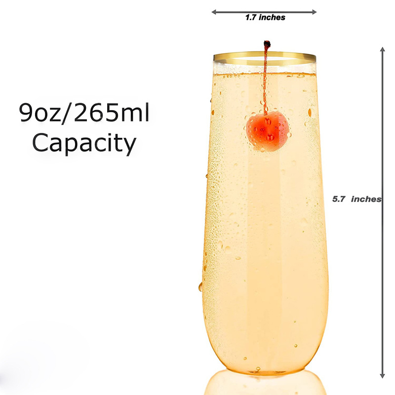 Copa de champán de plástico de 270 ml, copa de vino con borde dorado de plástico, copa de champán desechable, Amazon TEMU