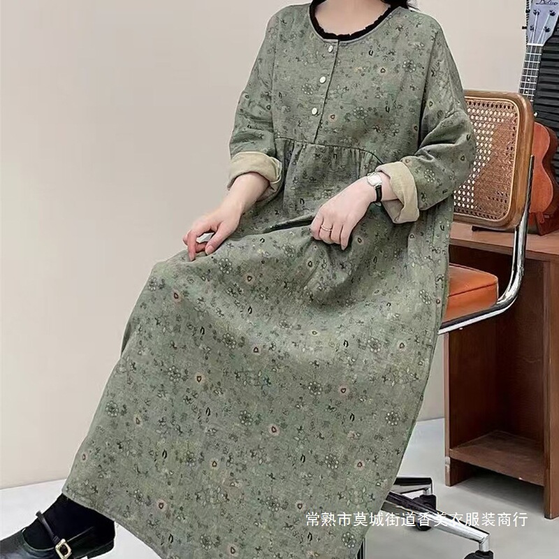 2025 Spring Small Floral Long Women's Dress Artistic Lace Crewneck Women's Long Sleeve Cotton Linen plus size dress