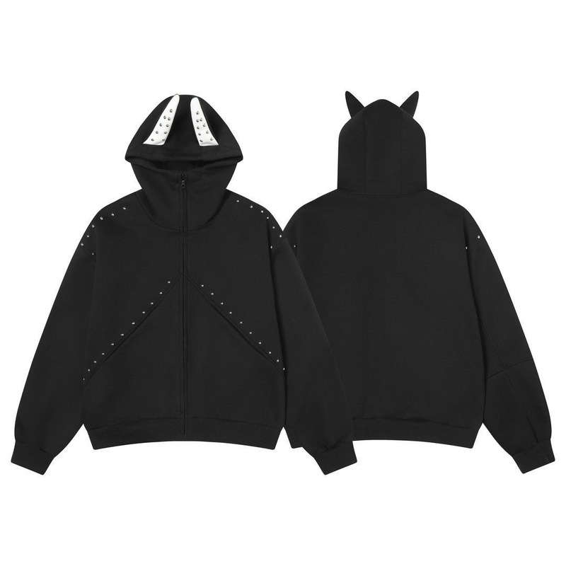 Mr. He Cross-Border Splicing Rivet Doberman Ear Design Trendy Brand Hooded Sweatshirt for Men and Women Couple Hoodie Jacket