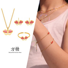 方糖儿童六一可爱滴油红白拼色蝴蝶结吊坠项链耳饰手饰套装首饰品