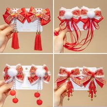 新年头饰女童蝴蝶结流苏发卡古风汉服宝宝红色喜庆中国风儿童发夹