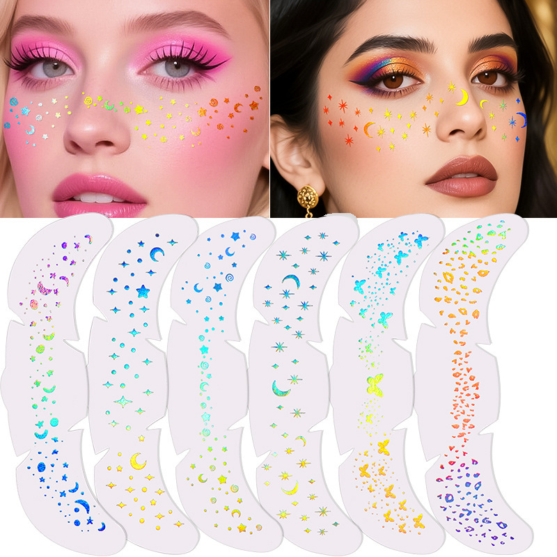 Cross-Border European and American Flash Tattoo Stickers with Freckle Patterns, Waterproof Laser Holographic Face Stickers, Stars and Moon Makeup for Holiday Parties Cross-Border European and American Flash Tattoo Stickers with Freckle Patterns, Waterproof Laser Holographic Face Stickers, Stars and Moon Makeup for Holiday Parties