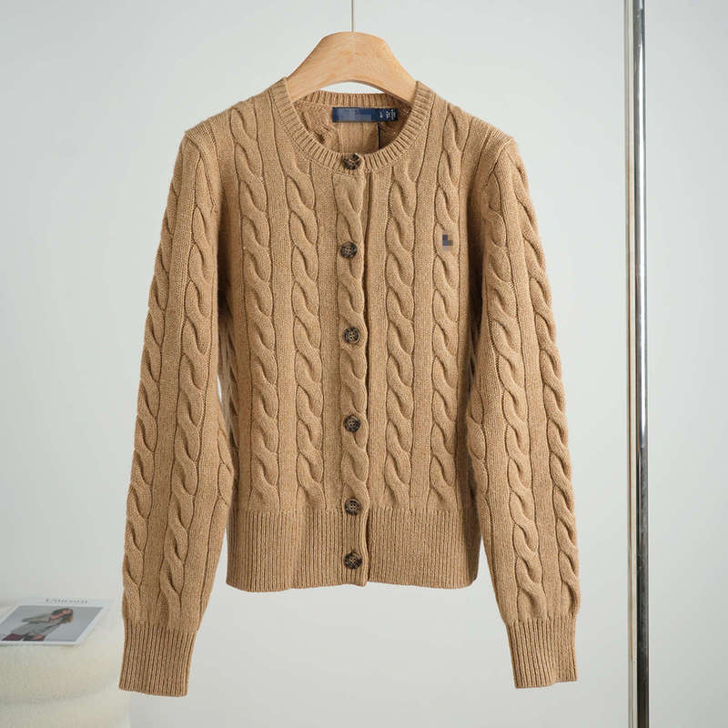 Rl Women's Twist Embroidered Pony Logo Wool Round Neck Simple Versatile Knitted Sweater Cardigan