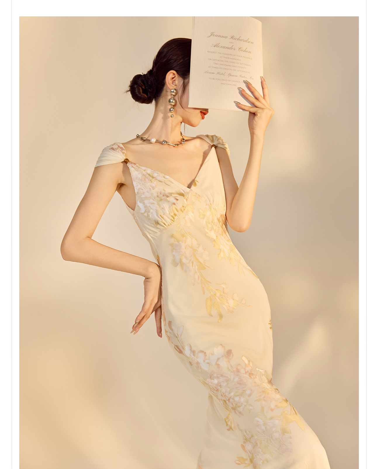 Váy bodycon ôm sát họa tiết phong cách Trung Hoa mùa hè, chất rayon mềm mại — Màu trắng be chi tiết 26
