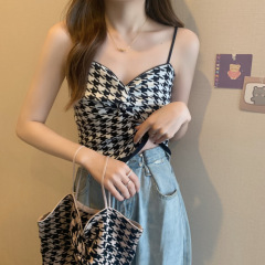 Vest women's spring and summer French style inner wear chic houndstooth small suspenders pure desire short sweet hot girl sleeveless top wear outside