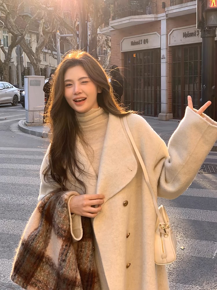 高級ゴールドバックル両面カシミヤコート女性のための 2025 秋と冬の新しいスタンドカラーエクストラロング韓国スタイルウールコート