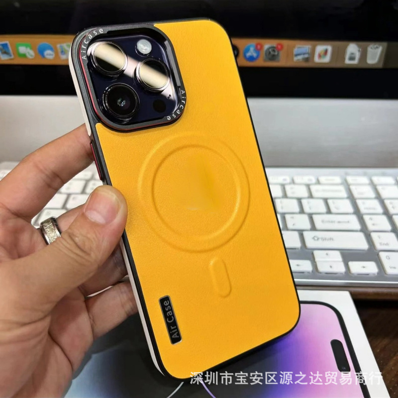 iPhone17Promax用コントラストカラー磁気吸着レザー調スマホケース、Apple16メタルフレームボタン付き、耐衝撃|undefined