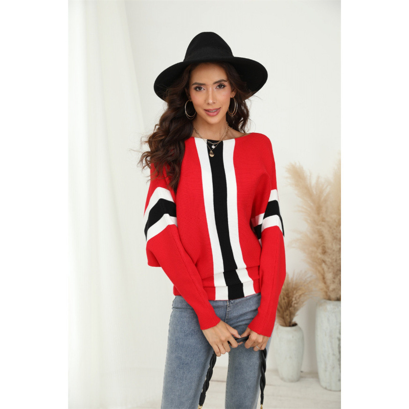 Cross-Border E-Commerce Specializes in European and American Clothing Autumn and Winter Bat-Sleeve Sweaters with One-Line Collar and Color Stripes Large Size Loose Tops Cross-Border E-Commerce Specializes in European and American Clothing Autumn and Winter Bat-Sleeve Sweaters with One-Line Collar and Color Stripes Large Size Loose Tops