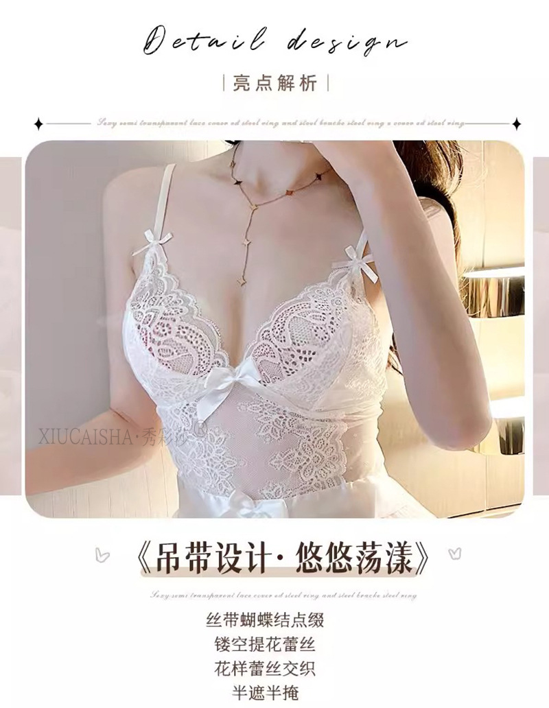 Sheer Mesh Slip Babydoll Set with Panty and Open-Crotch Stockings, White One Size — detail image 4