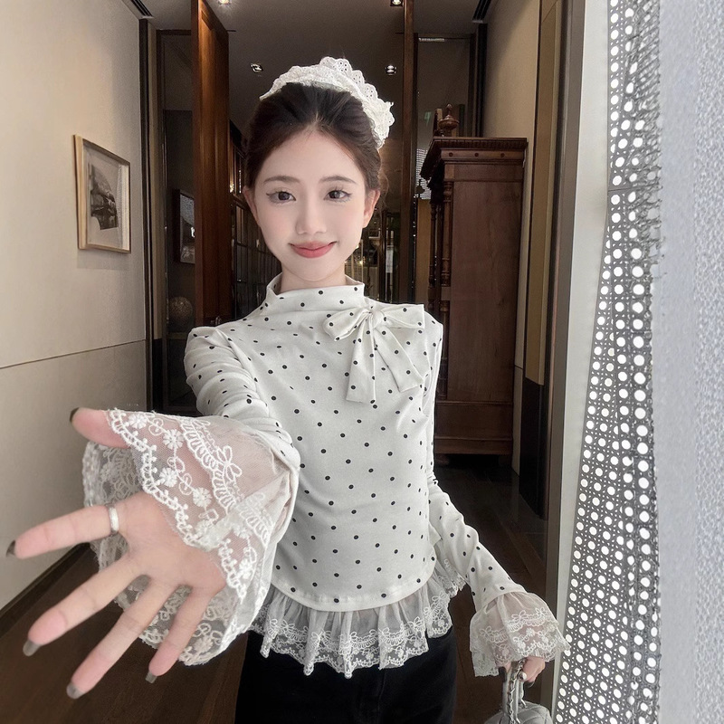 Korean-style White Poll Dot Half-high Neck T-shirt Women's Spring Bow Base Shirt Lace Inner Short Top