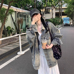 高街美式复古水洗做旧牛仔外套女秋季宽松oversize中长款夹克上衣