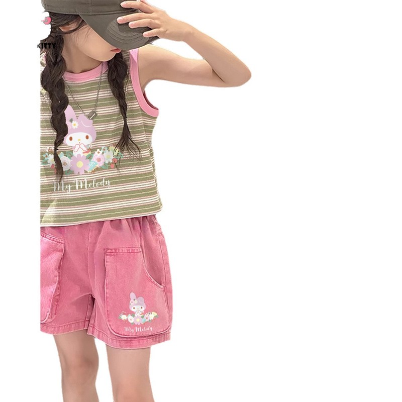 ガールズサマーメロディーIPストライプノースリーブTシャツセット2025新作中大型子供用2点セット|undefined