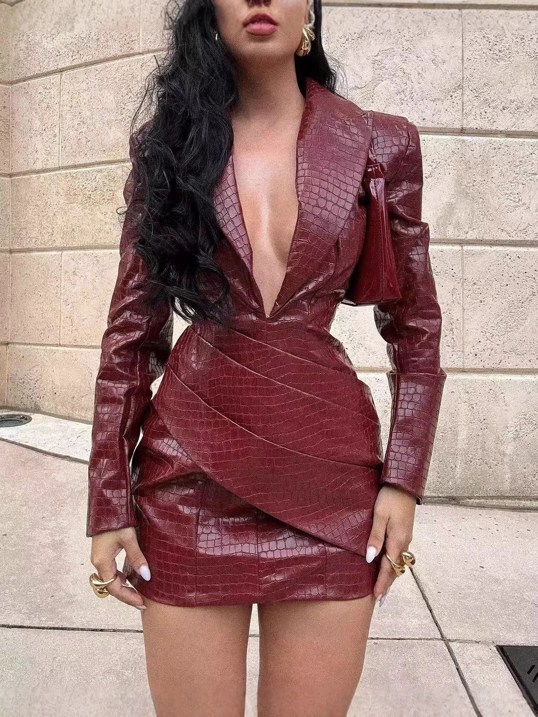 1420 Sexy Red Deep V Neck Ruched Faux Leather Bodycon Dress