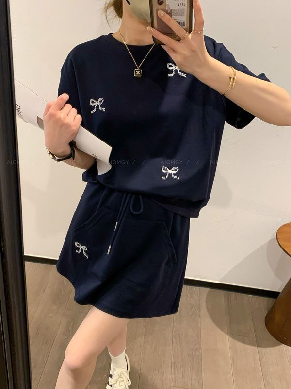 韓系の怠惰な風の蝶結びのスーツの女性の夏の新型のゆったりした大きいサイズの半袖の短いスカートの2つのセットの対外貿易の卸売り|undefined