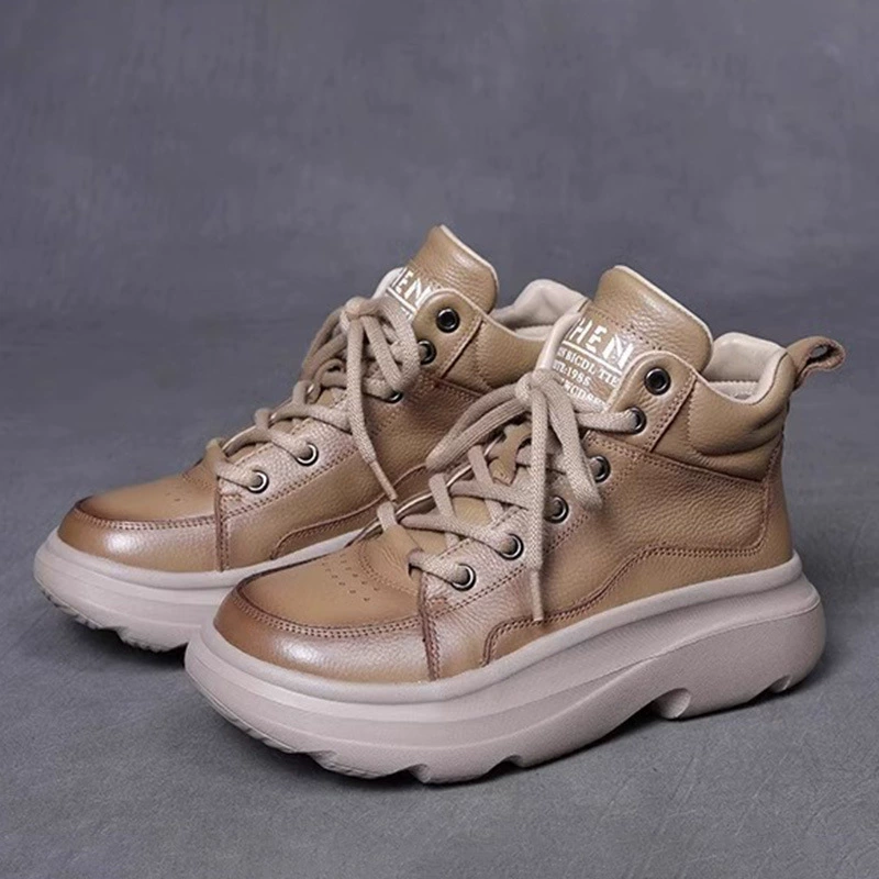 Женская обувь весна-осень 2024, новый стиль, натуральная кожа, универсальная ретро-универсальная теплая повседневная обувь на флисовой подкладке с высоким берцем, универсальная женская обувь на толстой подошве