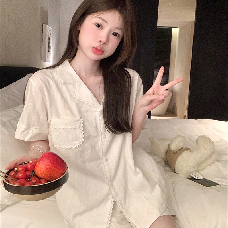 韩版高级感纯色白色睡衣女夏薄款女款短袖家居服大码套装女夏薄款|undefined