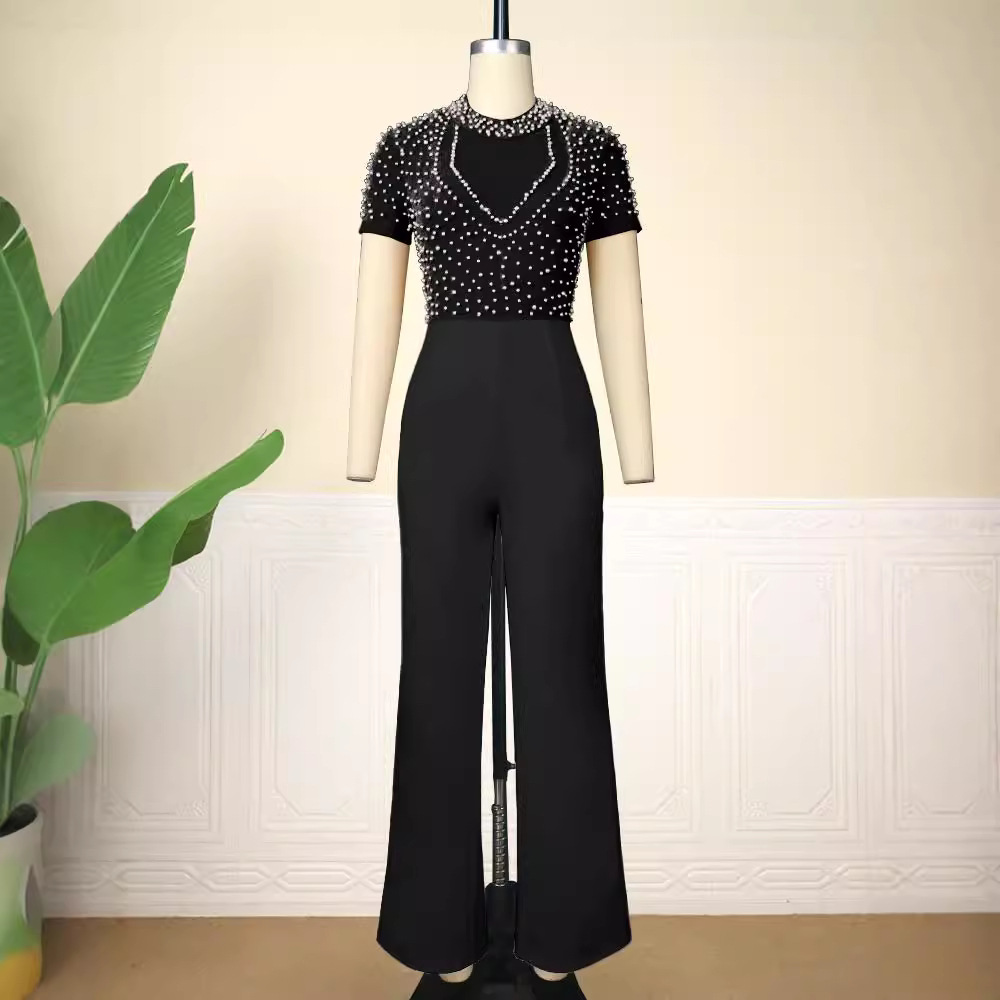 Women's Clothing Round Neck Short Sleeve Beaded Jumpsuit Casual Style High Waist Slim Party Dress Jumpsui_voghion.com