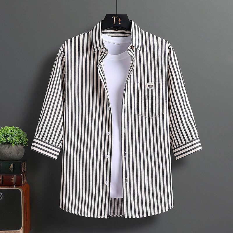 Summer Men's Striped Three-Quarter Sleeve Shirt Versatile College Style Mid-Sleeve Shirt Trendy Versatile Casual Shirt