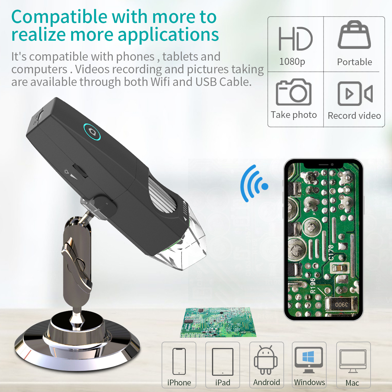 超高清200万像素无线电子显微镜可用作皮肤毛发珠宝古币字画新款