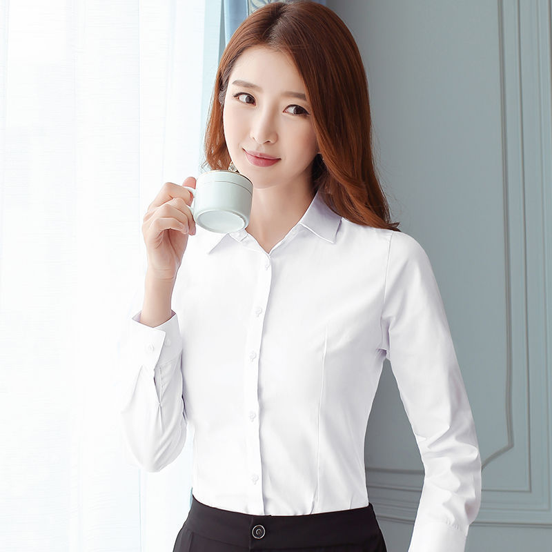 春と秋の新型の黒い白いシャツの女性の韓国版は長袖の工装のシャツの作業服の職業の服装の正装の上着を修理します。|undefined
