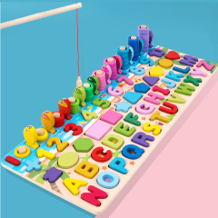 Wooden preschool alphabet geometry five-in-one abacus number board for children to recognize numbers building blocks toys brain development fishing number board