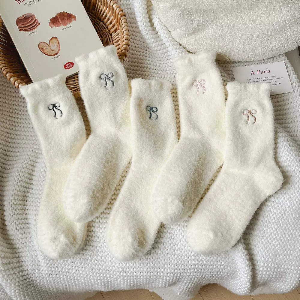 Keep warm Japanese knee socks for pregnant with bow, mid-length, with embroidery