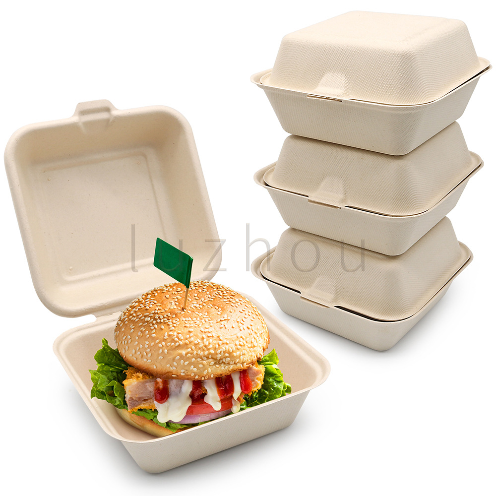 Pulpa de caña de azúcar Pulpa de bambú Caja de hamburguesa de 6 pulgadas Protección del medio ambiente Vajilla desechable Moldeo de pulpa compostable degradable