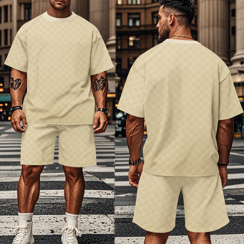 mens-summer-new-jacquard-plaid-short-sleeved-t-shirt-loose-large-size-straight-casual-shorts-suit