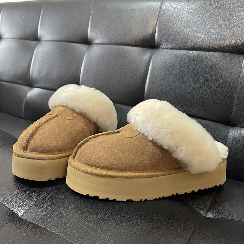 Closed-Toe Furry Slip-On Thick-Soled Women's Cotton Slippers, Winter Height-Increasing Eva Fur-Trimmed Genuine Leather Snow Boots Slippers, Non-Slip
