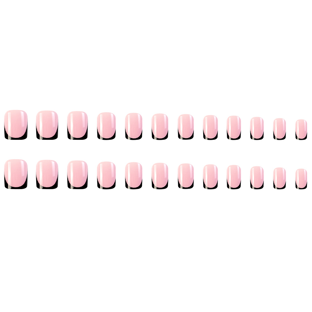 Uñas postizas cortas de punta plana, set de 24 piezas, serie rosa con bordes negros, pegatinas de uñas estilo francés de gran venta para ventas transfronterizas. image 6