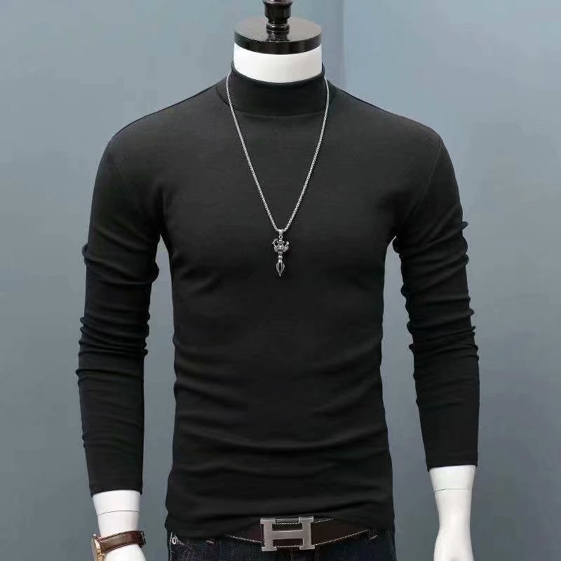 Camisa de manga larga para hombre medio cuello alto guapo camisa de fondo cálido color sólido interior otoño superior Delgado estilo coreano camiseta moda