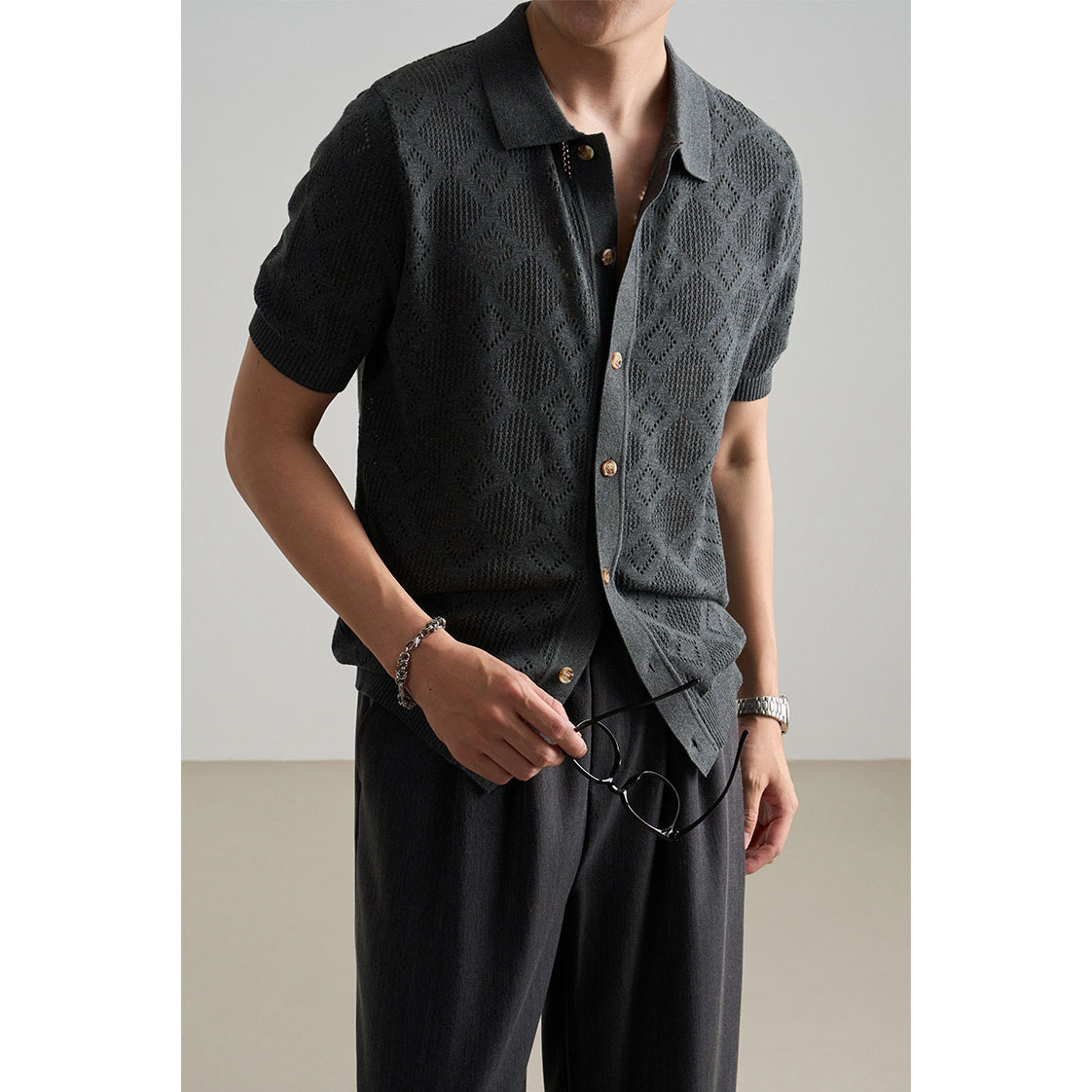 Polo camiseta de punto camiseta de manga corta hombre cardigan cuadrilátero hueco viejo viento de verano fábrica transfronteriza al por mayor