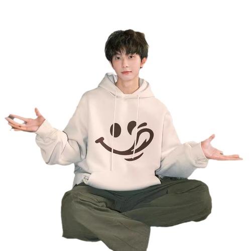 250g Heavyweight Smiling Print Hooded Fleece Sweatshirt for Men Autumn American Style Boy with Hat Outerwear
