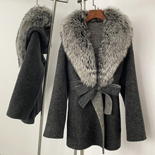 女装狐狸毛领连帽系带中长款双面呢羊毛大衣女式秋冬新款毛呢外套