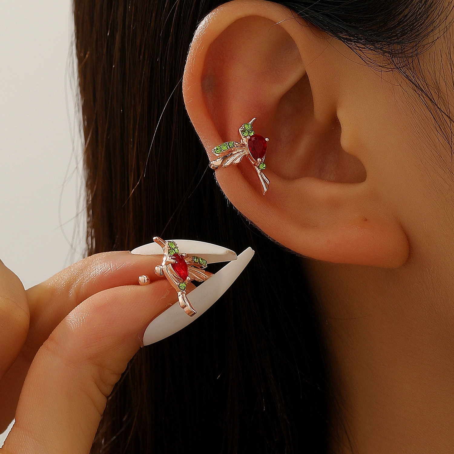 Long Hummingbird Drop Earrings, delicate chain, multi-color plated, 6.16 cm