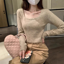 秋季新款上衣套头小个子长袖打底衫方领短款软糯针织衫女纯欲风潮