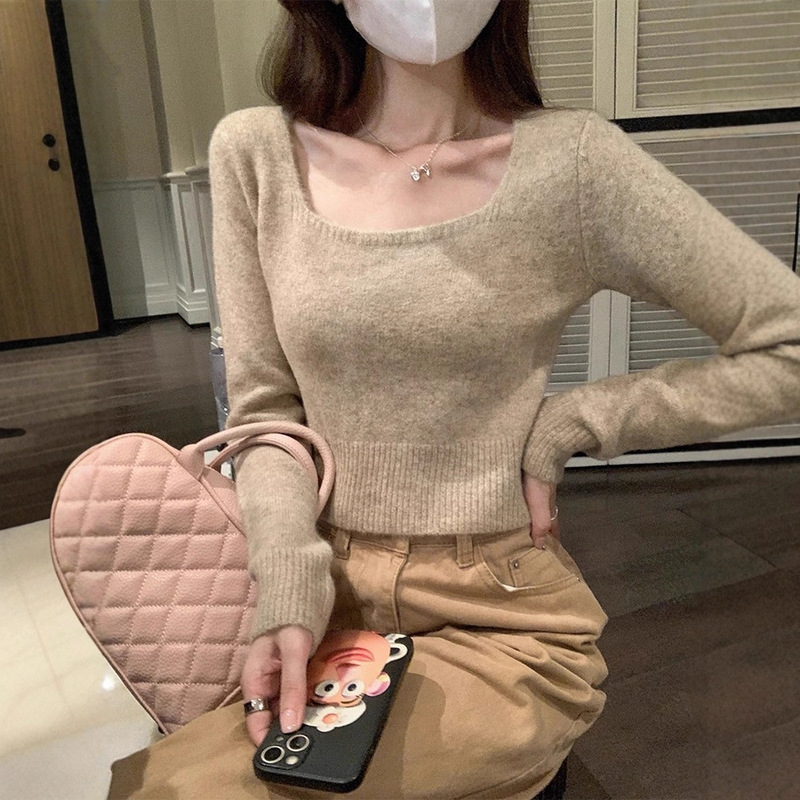 Autumn New Pullover Top for Petite Women, Long-Sleeve Base Shirt, Square Neck, Short Soft Knit Sweater, Pure Desire Trend Autumn New Pullover Top for Petite Women, Long-Sleeve Base Shirt, Square Neck, Short Soft Knit Sweater, Pure Desire Trend